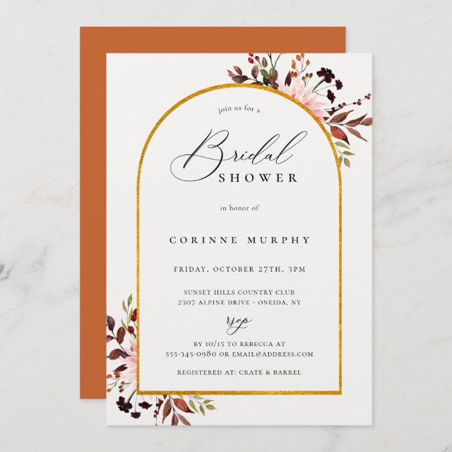 Invitación Rústico otoño marco dorado ducha de novia (Anverso / Reverso)