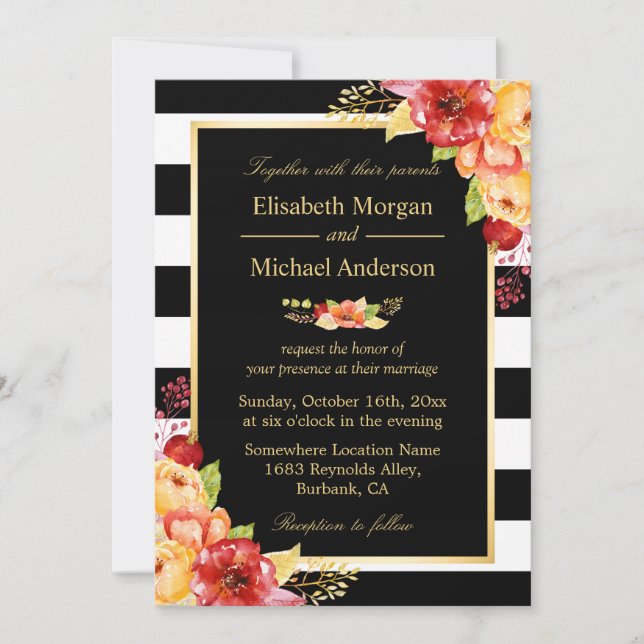 Invitación Rústico Otoño Oro Rojo Floral Stripes Caer Boda (Anverso)