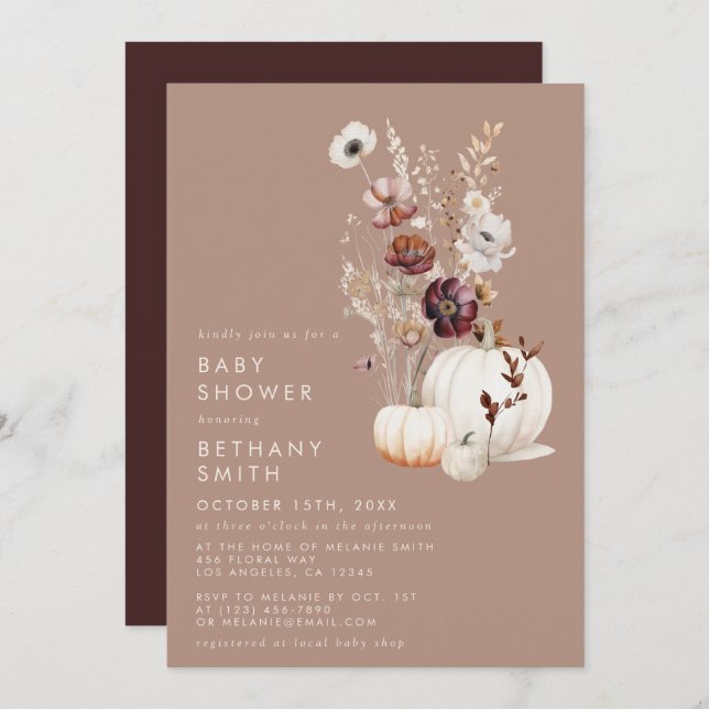 Invitación Rústico otoño Taupe Floral Calabaza Baby Shower (Anverso / Reverso)