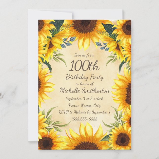 Invitación Rústico País Amarillo girasoles 100 años en (Anverso)