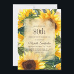 Invitación Rústico País Amarillo girasoles 80 cumpleaños<br><div class="desc">Girasoles rústicos de estilo rústico amarillo y marrón con hermosas hojas verdes invitan a las mujeres a la fiesta de cumpleaños número 80. Póngase en contacto con nosotros para obtener ayuda sobre la personalización o para solicitar productos coincidentes.</div>
