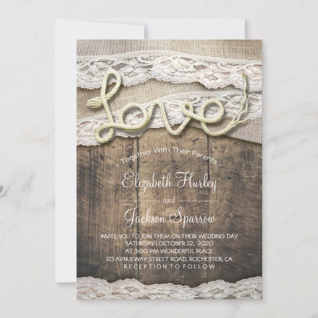 Invitación Rústico País Amor Rope Burlap Lace Barn Boda (Anverso)