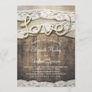 Invitación Rústico País Amor Rope Burlap Lace Barn Boda
