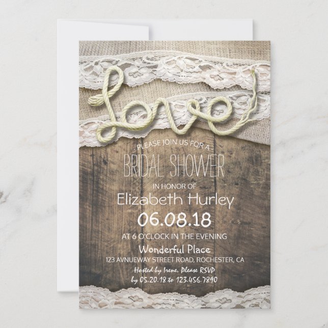 Invitación Rústico País Amor Rope Burlap Lace Bridal Shower (Anverso)