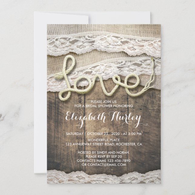 Invitación Rústico País Amor Rope Burlap Lace Bridal Shower (Anverso)