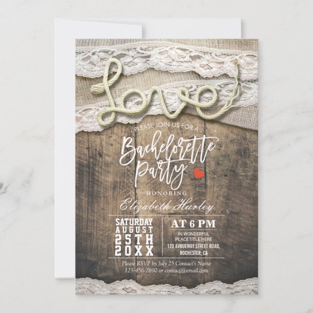 Invitación Rústico País Amor Rope Lace Bachelorette Party (Anverso)