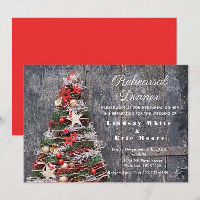 Invitación Rústico País Árbol de Navidad Ensayo Cena (Anverso / Reverso)