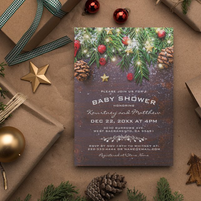 Invitación Rústico País Árbol de Navidad Ornamento Baby Showe (Subido por el creador)