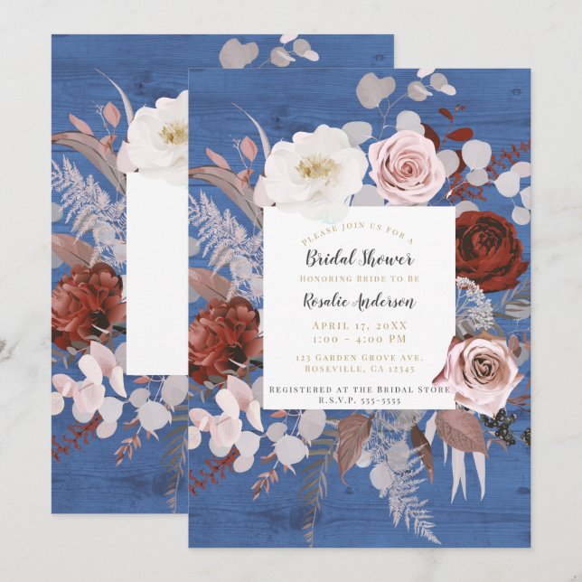 Invitación Rustico País Azul Madera Floral Floración Boda Mue (Anverso / Reverso)