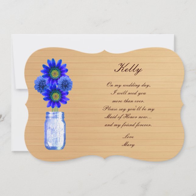 Invitación Rústico País Azul Mason Jar Maid Of Honor Card (Anverso)