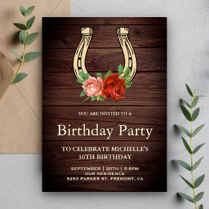 Invitación Rústico País Barn Madera Floral Herradura Cumpleañ