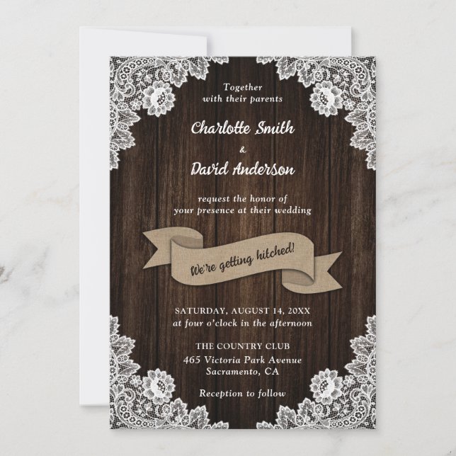 Invitación Rústico País Barn Wood Burlap Corazón Boda (Anverso)