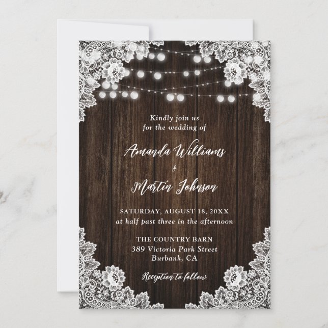 Invitación Rústico País Barn Wood Floral Lace Boda (Anverso)