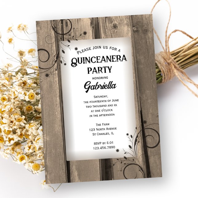 Invitación Rústico País Barn Wood Floral Quinceanera Fiesta (Subido por el creador)