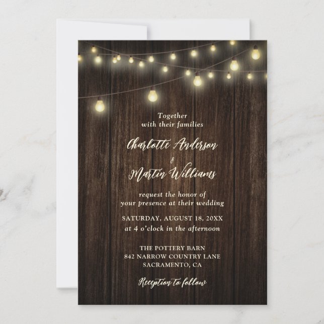 Invitación Rústico País Barn Wood String Luces Boda (Anverso)