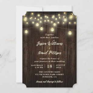 Invitación Rústico País Barn Wood String Luces Boda