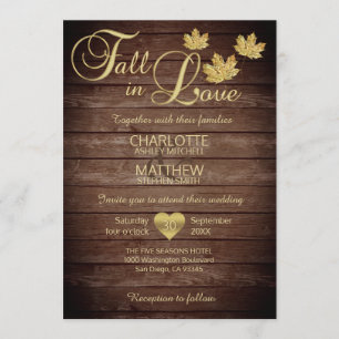 Invitación Rústico País Barnwood Oro caída en el Boda AMOR