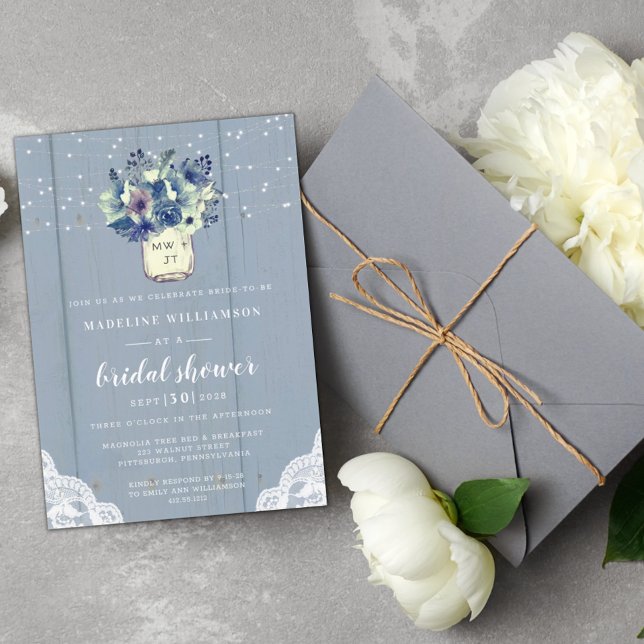 Invitación Rústico País Blue Mason Jar Wood Bridal Shower I (Subido por el creador)