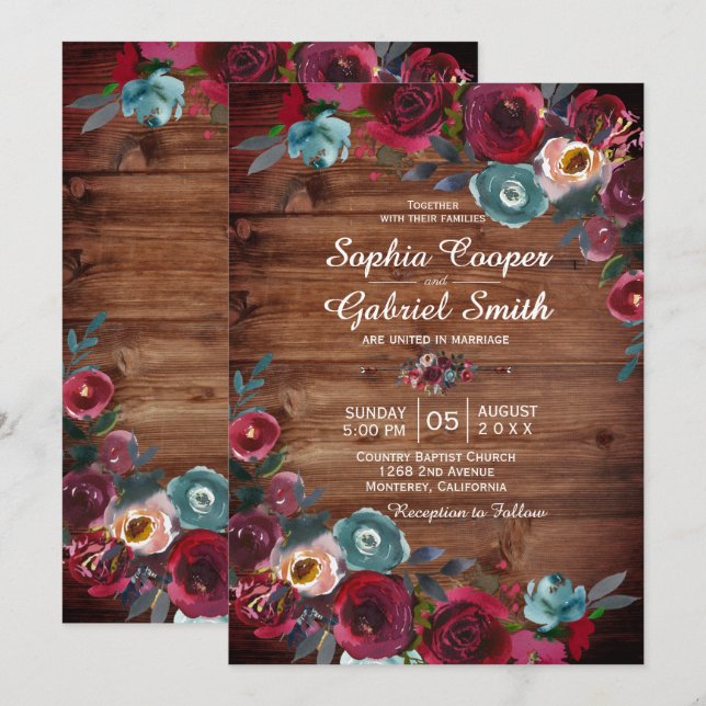 Invitación Rústico país Boda floral de la Marina Roja Borgoña (Anverso / Reverso)