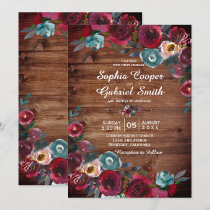 Invitación Rústico país Boda floral de la Marina Roja Borgoña