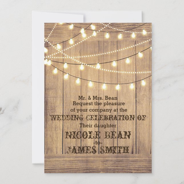 Invitación Rústico País Boda Occidental de Madera y Luces (Anverso)