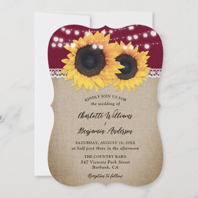Invitación Rústico País Borgoña Burlap Boda del girasol (Anverso)