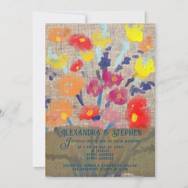 Invitación Rústico país Burlap Bohemian Boda de Flor Silvestr (Anverso)