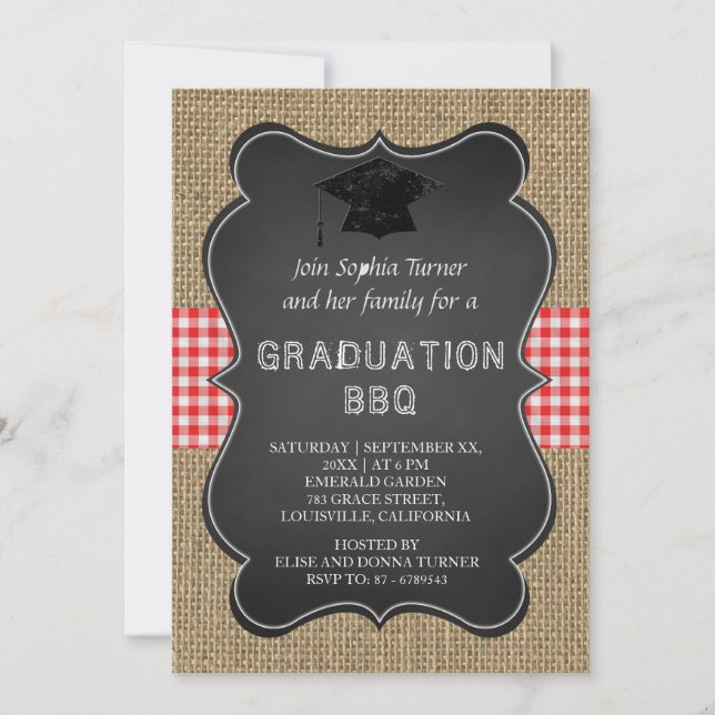 Invitación Rústico País Burlap Chalkboard GRADUATION BBQ (Anverso)