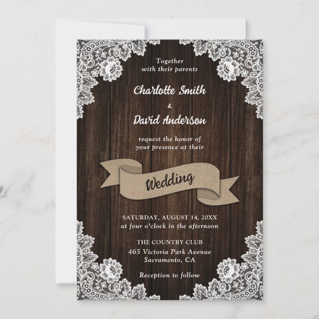 Invitación Rústico País Burlap Cinta Boda de encaje de madera (Anverso)