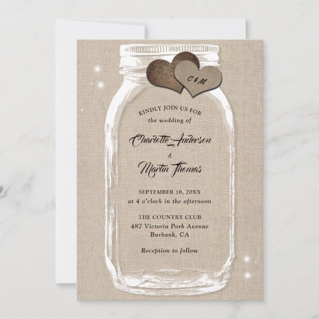 Invitación Rústico país Burlap Hearts Mason Jar Boda (Anverso)