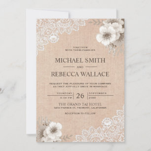 Invitación Rústico País Burlap Lace Boda de Floral de marfil