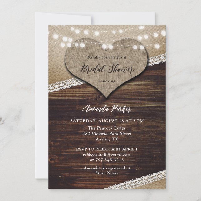 Invitación Rústico País Burlap Lace Bridal Shower (Anverso)