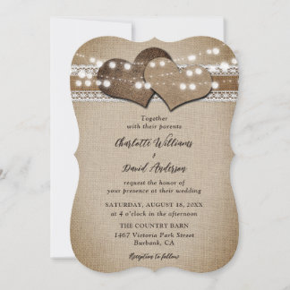 Invitación Rústico País Burlap Lace String Luces Boda