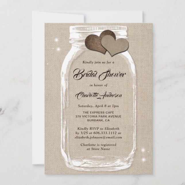 Invitación Rústico País Burlap Mason Jar Bridal Shower (Anverso)