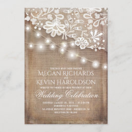 Invitación Rústico País Burlap String Luces Boda de encaje