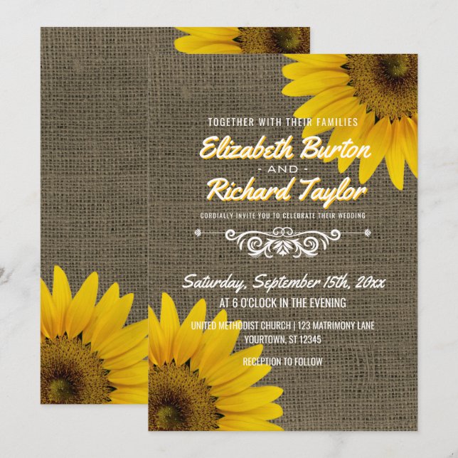 Invitación Rústico País Burlap Sunflowers Boda Floral (Anverso / Reverso)