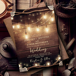 Invitación Rústico País Cañones de madera Luces Boda de encaj