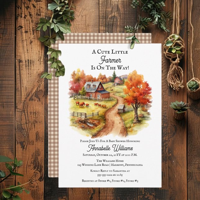 Invitación Rústico País Cute Pequeño Agricultor Baby Shower ("A Cute Little Farmer Is On The Way!" Country Rustic Barnyard Autumn Scene Baby Shower Invitation)
