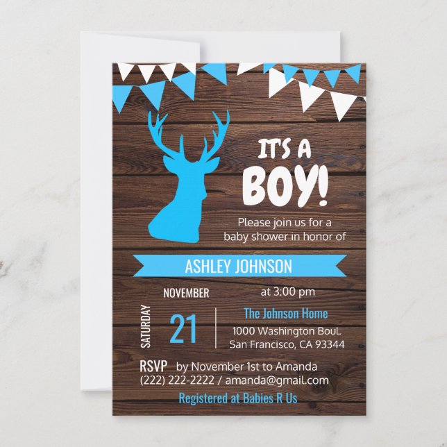 Invitación Rústico país de ciervos BOY Baby Shower invita (Anverso)