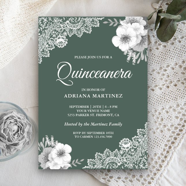 Invitación Rústico País Dusto Verde Floral Lace Quinceanera (Subido por el creador)