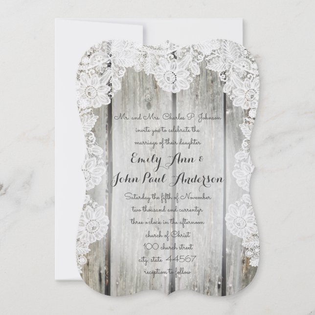 Invitación Rústico País Faux Lace Barn Wood Boda (Anverso)
