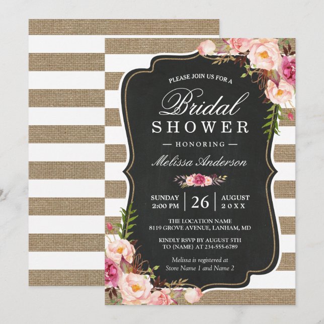 Invitación Rústico País Floral Burlap Stripes Bridal Shower (Anverso / Reverso)