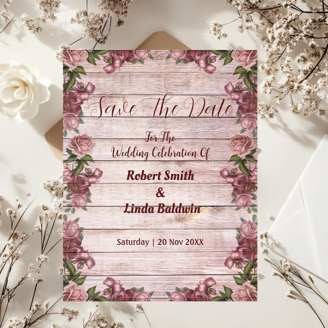 Invitación Rústico País Floral De Rosas De Woodland Salva La  (Rustic Woodland Roses Floral Country Save The Date Invitation)