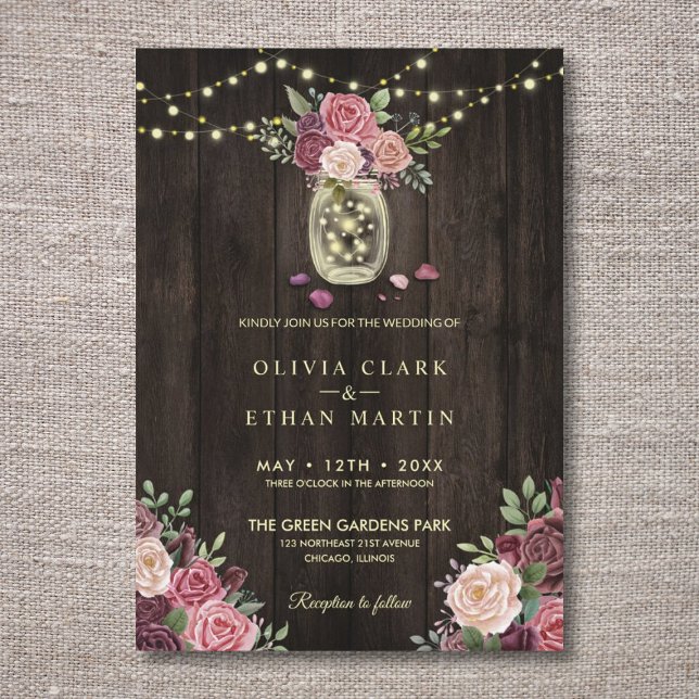 Invitación Rústico País Floral Rosa Mason Jars Madera Oscura (Subido por el creador)