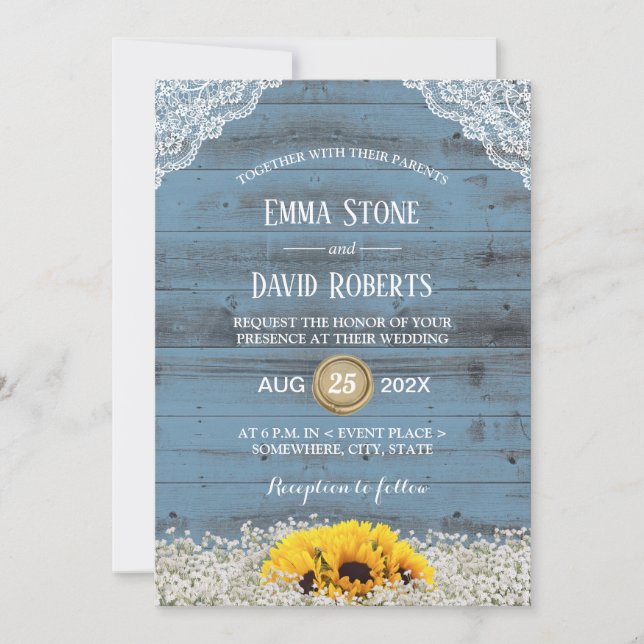 Invitación Rústico País Girasol Floral Barn Azul Boda (Anverso)