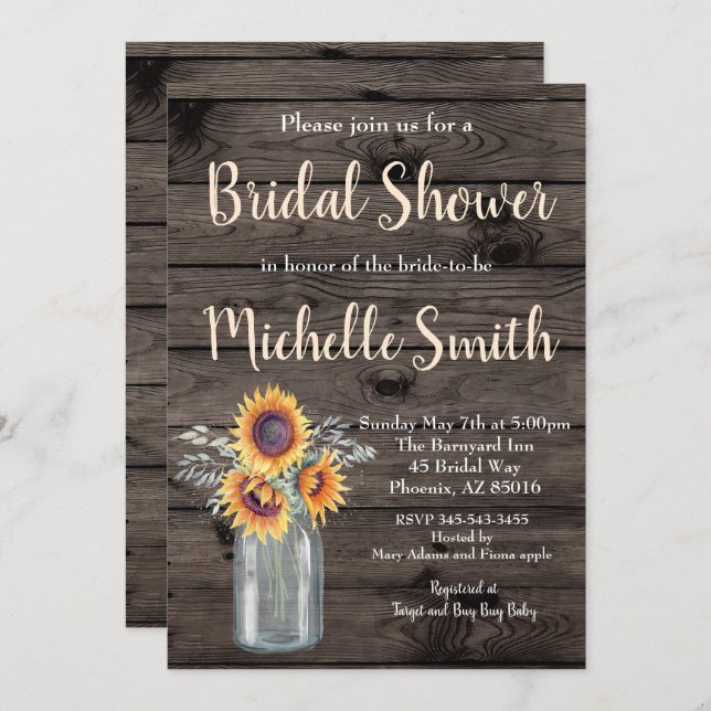 Invitación Rústico País Girasol Floral Madera Bridal Ducha