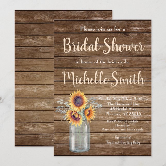 Invitación Rústico País Girasol Floral Madera Bridal Ducha (Anverso / Reverso)