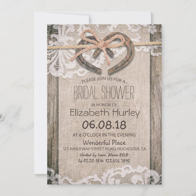 Invitación Rústico País Horseshoe Burlap Lace Bridal Shower (Anverso)