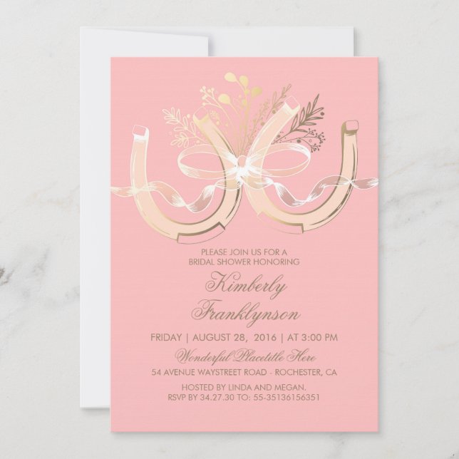 Invitación Rústico País Horseshoe Dorado Ducha De Novias Rosa (Anverso)