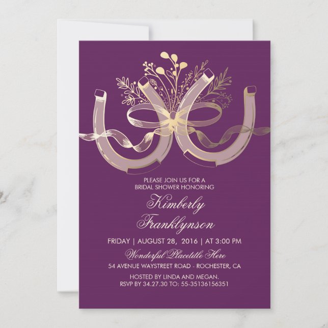 Invitación Rústico País Horseshoe Oro Morado Ducha Bridal (Anverso)